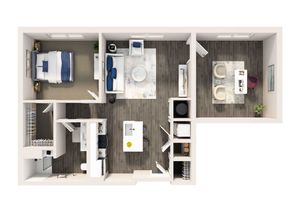 Elegant 3D floor plan showcasing a modern one-bedroom apartment with open-concept living and dining area, efficient kitchen, and stylish bathroom.