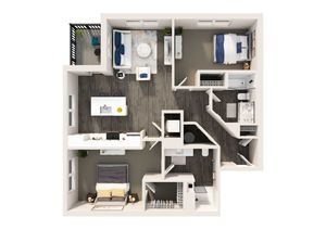 Modern apartment floor plan showcasing 2 bedrooms, a bright open-concept living area, stylish kitchen, and private balcony.