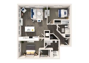 Modern 2D floor plan featuring two cozy bedrooms, a spacious open-concept living area, and a functional kitchen, ideal for stylish urban living.