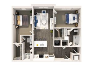 Modern 2D floor plan featuring two spacious bedrooms, an elegant open-concept kitchen with central island, and a cozy living area, offering contemporary comfort.