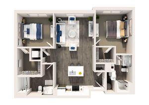 Modern 2D floor plan showcasing 2 spacious bedrooms, open-concept living area, and sleek kitchen with breakfast bar.