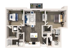 Modern 3D floor plan showcasing two cozy bedrooms, an elegant open-concept living room, and a sleek kitchen, complete with a private balcony.
