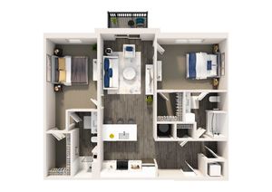 Modern 3D floor plan showcasing two bedrooms, spacious living room, chic kitchen, and cozy balcony.