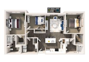 Modern 3D floor plan showcasing 3 spacious bedrooms, an elegant open living area, and a sleek kitchen with island.