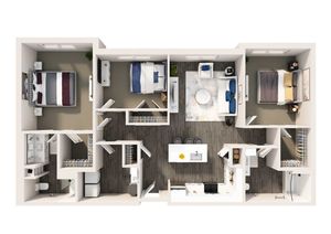 Elegant 3D apartment floor plan showcasing three bedrooms, modern open kitchen with island, cozy living area, and stylish bathrooms.
