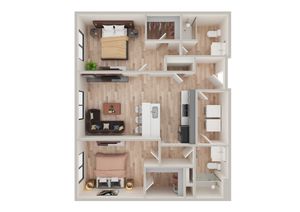 Modern 2D floor plan showcasing 2 spacious bedrooms, an open-plan living and dining area, sleek kitchen design, and elegant bathroom spaces.