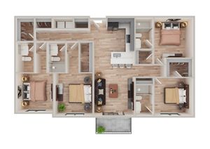 Spacious 3-bedroom floor plan with modern kitchen, open living area, and private balcony.