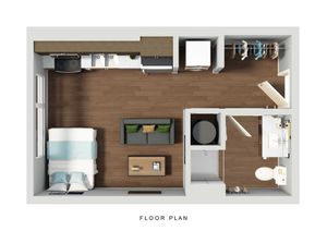 Modern studio apartment floor plan featuring an open layout with a cozy living area, dining space, kitchenette, and a spacious bathroom.