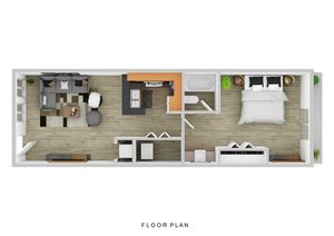 Modern 1-bedroom apartment floor plan showcasing an open living area, contemporary kitchen, and sleek bathroom.