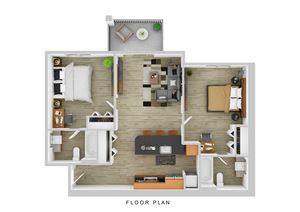 Modern floor plan showcasing 2 bedrooms, sleek kitchen with island, open living area, and private balcony.