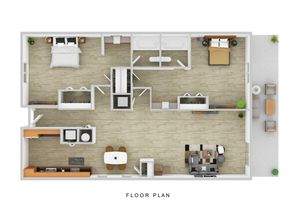 Modern floor plan showcasing 2 bedrooms, a spacious living area, sleek kitchen, and an inviting patio space.
