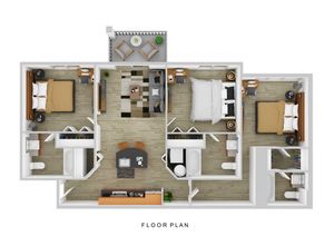 Contemporary 3-bedroom floor plan featuring a cozy living area, elegant kitchen with dining space, and a charming balcony retreat.