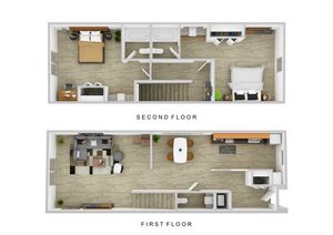 Modern two-story floor plan with open-concept living and dining area, sleek kitchen, and two cozy bedrooms on the second floor.