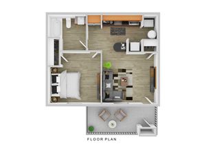 Modern 2D floor plan showcasing 1 bedroom, open-concept living area, stylish kitchen, and a cozy balcony.