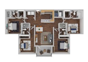 Modern L-shaped floor plan showcasing three bedrooms, two bathrooms, open kitchen with island seating, cozy living area, and private balcony.