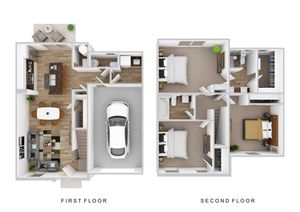Elegant 3D floor plan showcasing a modern two-story layout with open-concept living room, gourmet kitchen, dining area, and an integrated garage on the first floor; second floor with three spacious bedrooms and two bathrooms.