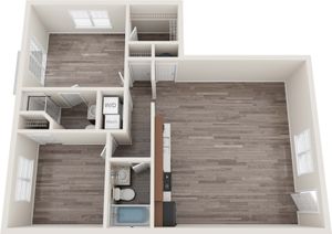 Modern 2D floor plan featuring a spacious bedroom, open living area, sleek kitchen, and two bathrooms with wood flooring throughout.