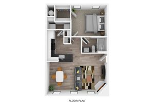 Modern 3D floor plan featuring a cozy bedroom, sleek kitchen, stylish bathroom, and open living-dining area.