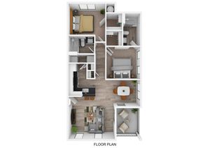 Chic floor plan showcasing 2 bedrooms, modern kitchen, cozy living area, and sunny balcony.