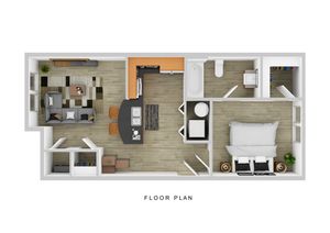 Modern 2D floor plan showcasing a cozy 1-bedroom apartment with an open-concept living and dining area, stylish kitchen, and spacious bathroom.