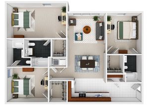 Modern apartment floor plan featuring three spacious bedrooms, two sleek bathrooms, an open-concept living and dining area, and an efficient kitchen layout.
