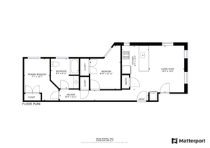 Efficient 2D floor plan highlighting primary bedroom, additional bedroom, spacious living room, modern kitchen, and convenient laundry area, perfect for contemporary living.