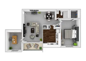 Modern floor plan showcasing a spacious bedroom, stylish living room, and functional home office, with a cozy dining area and sleek kitchen design.