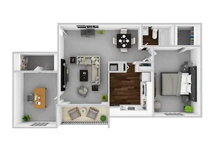Contemporary 2D floor plan featuring a cozy bedroom, open living and dining area, modern kitchen, home office, and stylish balcony.