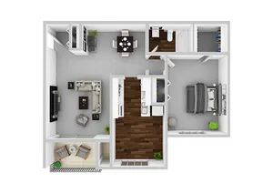 Contemporary floor plan showcasing a spacious 1-bedroom apartment with an open living area, modern kitchen, and private balcony.