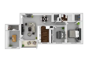 Modern 2D floor plan with 2 bedrooms, cozy living room, elegant dining area, and home office, featuring a private balcony and sleek kitchen design.