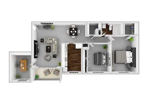 Modern apartment floor plan with 2 bedrooms, spacious living room, and a cozy home office, featuring open-concept kitchen and stylish dining area, complemented by a relaxing balcony.