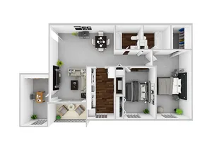 Modern 3D floor plan highlighting 2 bedrooms, a cozy living room, sleek kitchen, and a private office area, perfect for contemporary living.