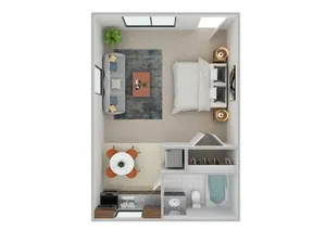 Modern studio floor plan featuring an open living and sleeping area, compact kitchen, dining nook, and cozy bathroom.