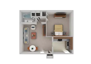 Inviting floor plan showcasing one-bedroom layout with a cozy living room, stylish kitchen, and modern bathroom.