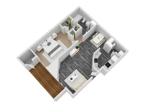 Modern 3D floor plan showcasing a cozy 1-bedroom apartment with an inviting living area, efficient kitchen, and private balcony.