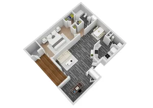 Modern 3D floor plan showcasing a spacious one-bedroom layout with open living area, sleek kitchen, and elegant bathroom, perfect for urban living.