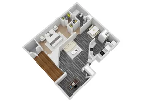 Modern 3D floor plan showcasing a cozy 1-bedroom apartment with a stylish living area, open-concept kitchen, and elegant bathroom.