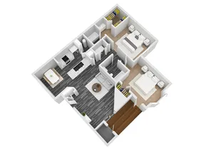 Elegant 3D floor plan showcasing two cozy bedrooms, a modern kitchen with dining area, and a chic open living space.