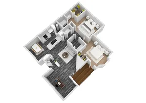 Modern 3D floor plan showcasing two bedrooms, sleek kitchen with dining area, and stylish open living space.