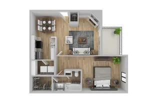 Modern floor plan showcasing a spacious open-concept living area, stylish kitchen, cozy bedroom, and inviting outdoor patio.