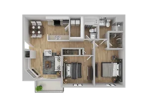 Elegant 3D floor plan showcasing two bedrooms, a cozy living room, a modern kitchen with dining area, and a stylish bathroom layout.
