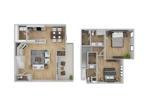 Modern two-story floor plan featuring an open-concept living area, stylish kitchen, dining space, two cozy bedrooms, and two bathrooms.