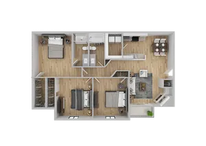 Contemporary 3D floor plan featuring 3 bedrooms, a stylish open kitchen, cozy living area, and elegant dining space.
