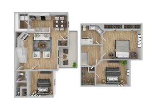 Contemporary 3D floor plan showcasing two-story layout with two bedrooms, a cozy living room, modern kitchen, and a charming balcony space.