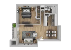 Inviting 3D floor plan showcasing a spacious one-bedroom apartment with modern kitchen, elegant dining area, and cozy living room leading to a charming balcony.