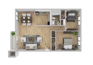 Modern 2D floor plan showcasing 2 bedrooms, open living and dining area, sleek kitchen, and bathroom with elegant design.