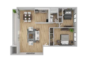 Chic 2D floor plan showcasing 2 cozy bedrooms, an elegant open living area, and a fully equipped kitchen.