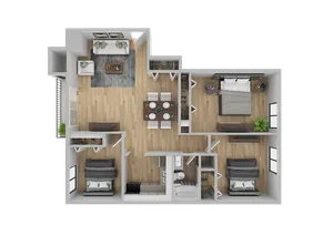 Modern 3D floor plan showcasing 3 bedrooms, an inviting living room, and a dining area with wooden flooring.