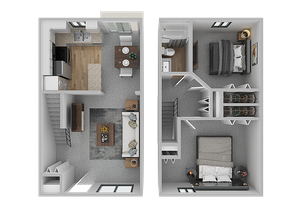 Modern 3D floor plan showcasing two-story apartment with open kitchen, cozy living area, and two stylish bedrooms, ideal for contemporary living.