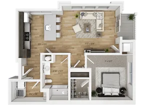 Modern floor plan showcasing a spacious one-bedroom apartment with an open-concept living and dining area, sleek kitchen with island, cozy bedroom, and elegant bathroom, perfect for stylish urban living.